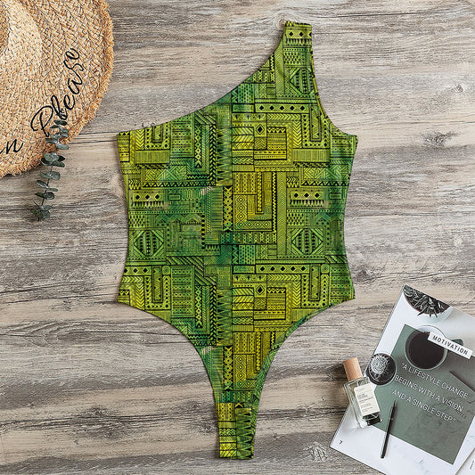 Green And Black African Ethnic Print One Shoulder Bodysuit