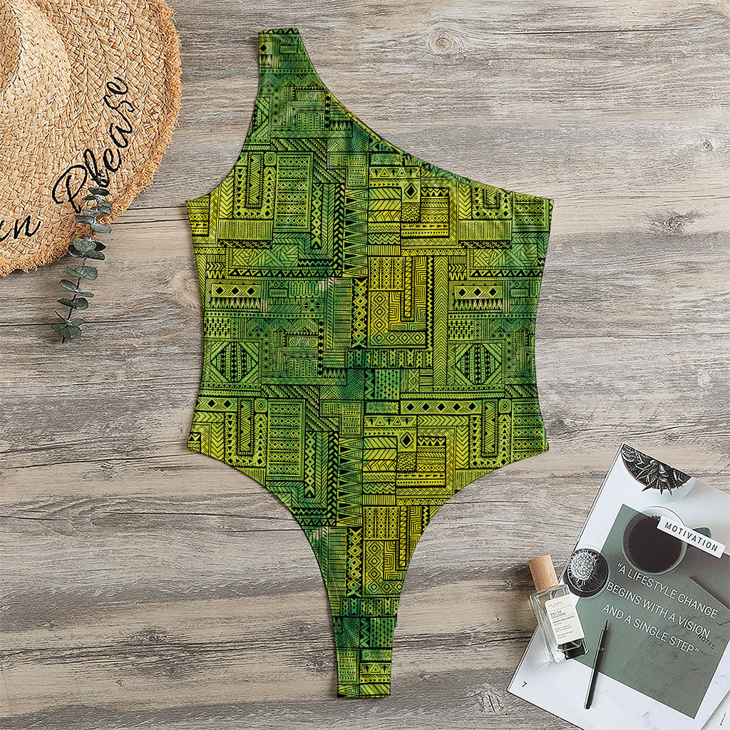 Green And Black African Ethnic Print One Shoulder Bodysuit