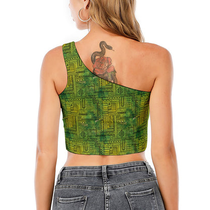 Green And Black African Ethnic Print One Shoulder Crop Top