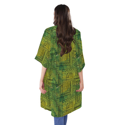 Green And Black African Ethnic Print Open Front Beach Cover Up