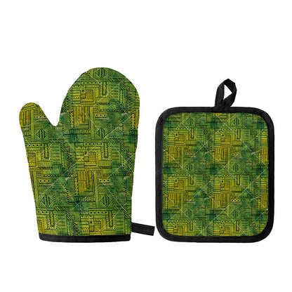 Green And Black African Ethnic Print Oven Mitt And Pot Holder Set