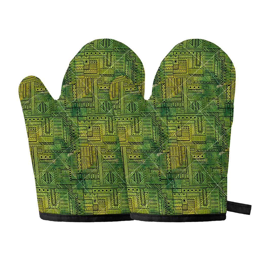 Green And Black African Ethnic Print Oven Mitts