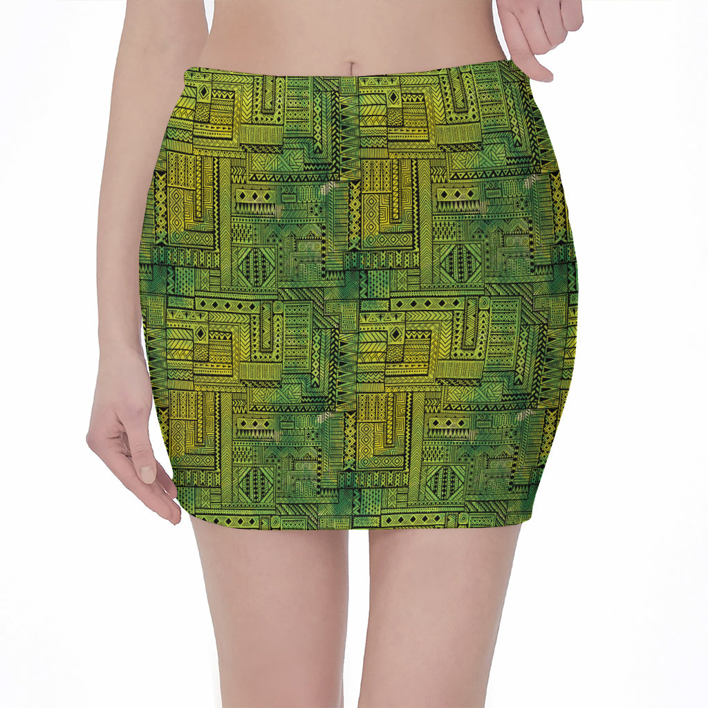 Green And Black African Ethnic Print Pencil Mini Skirt