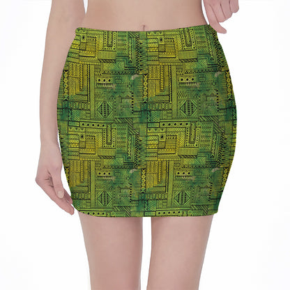 Green And Black African Ethnic Print Pencil Mini Skirt