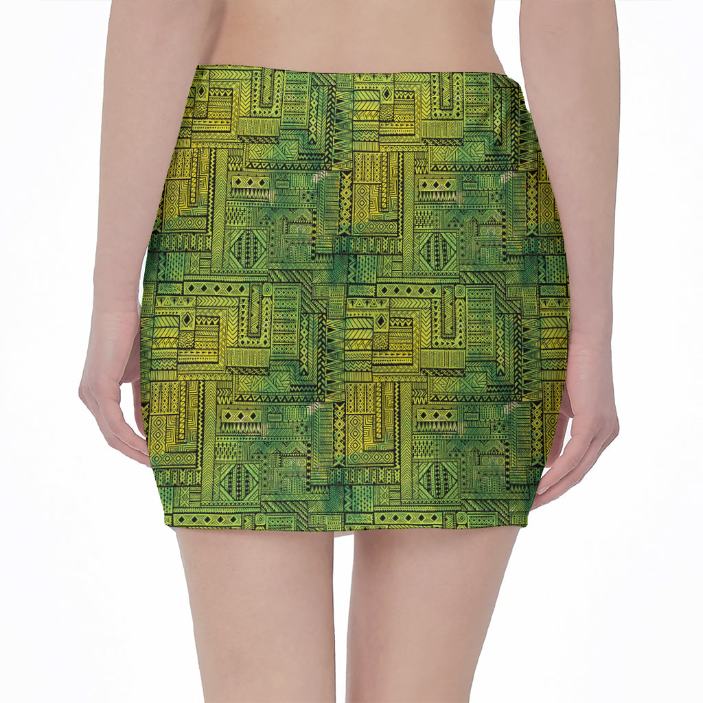 Green And Black African Ethnic Print Pencil Mini Skirt