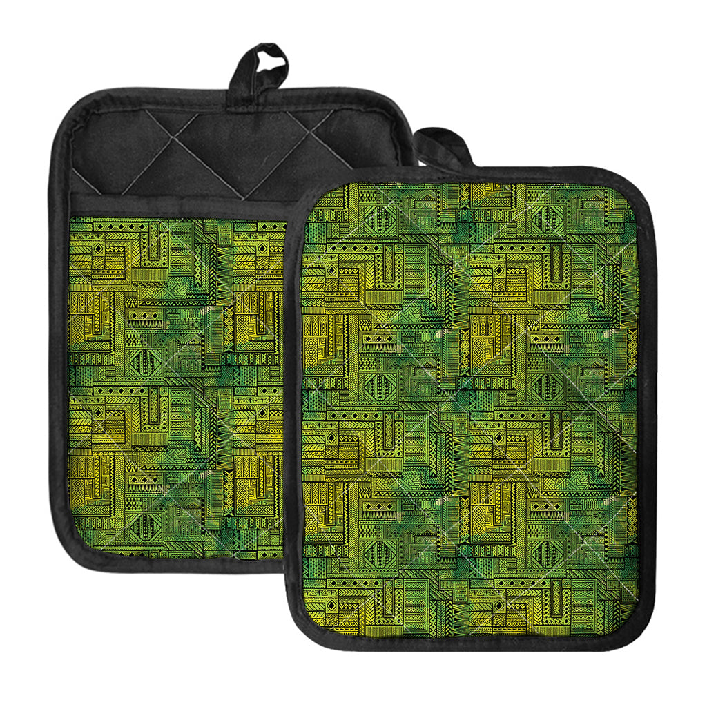 Green And Black African Ethnic Print Pot Holders With Pocket