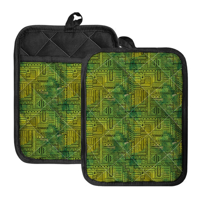 Green And Black African Ethnic Print Pot Holders With Pocket