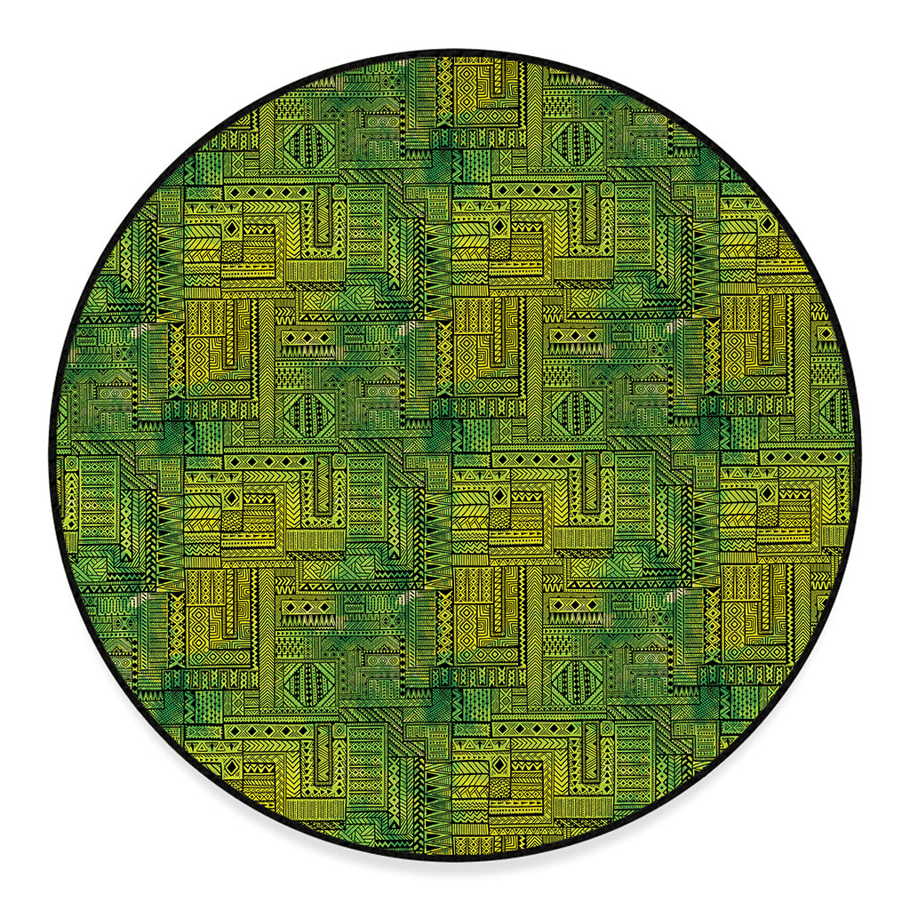 Green And Black African Ethnic Print Round Floor Mat