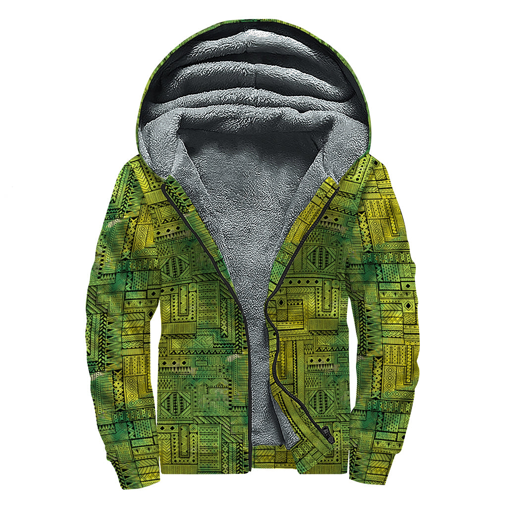 Green And Black African Ethnic Print Sherpa Lined Zip Up Hoodie