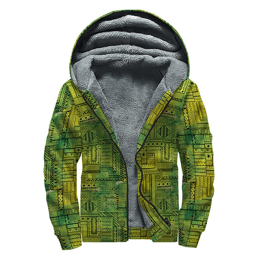 Green And Black African Ethnic Print Sherpa Lined Zip Up Hoodie