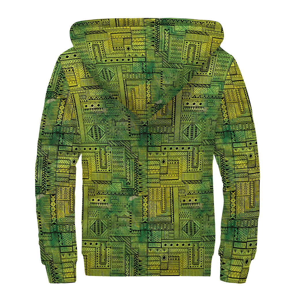 Green And Black African Ethnic Print Sherpa Lined Zip Up Hoodie