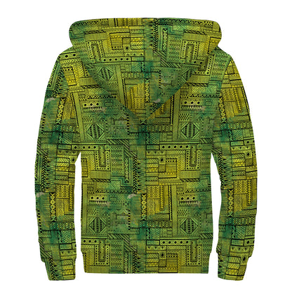 Green And Black African Ethnic Print Sherpa Lined Zip Up Hoodie