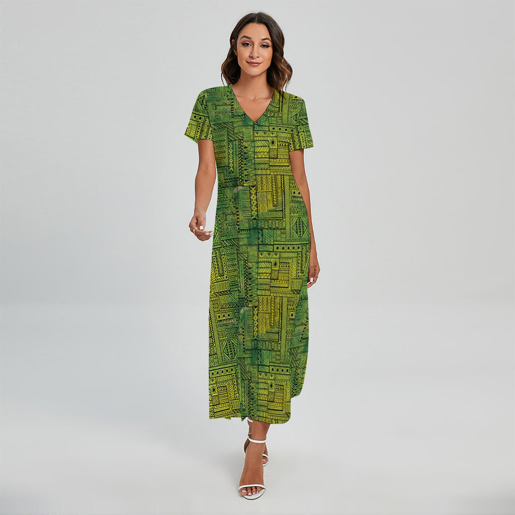 Green And Black African Ethnic Print Short Sleeve Maxi Dress
