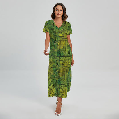 Green And Black African Ethnic Print Short Sleeve Maxi Dress