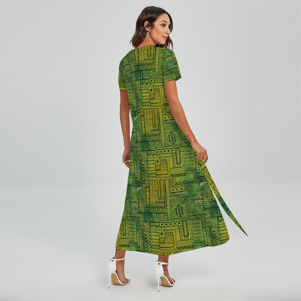 Green And Black African Ethnic Print Short Sleeve Maxi Dress