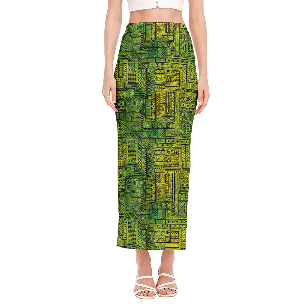 Green And Black African Ethnic Print Side Slit Maxi Skirt