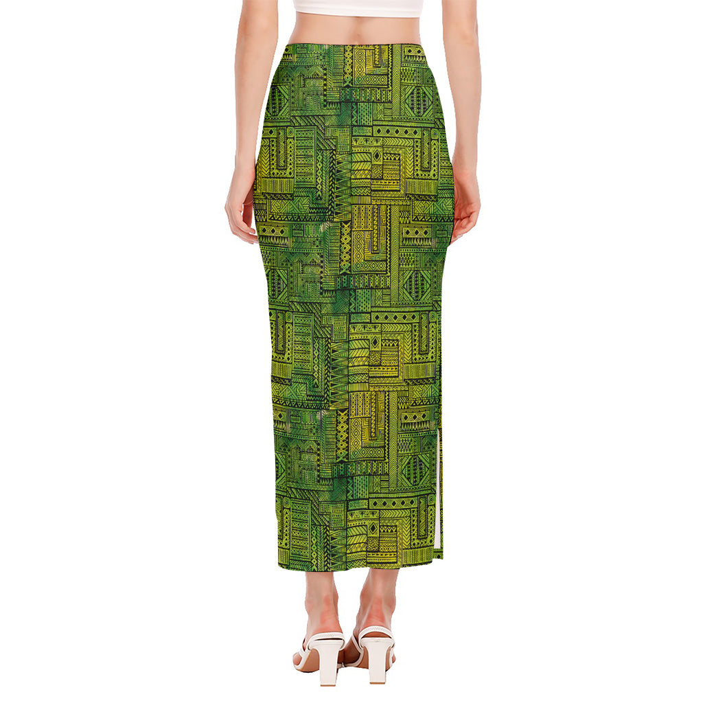 Green And Black African Ethnic Print Side Slit Maxi Skirt