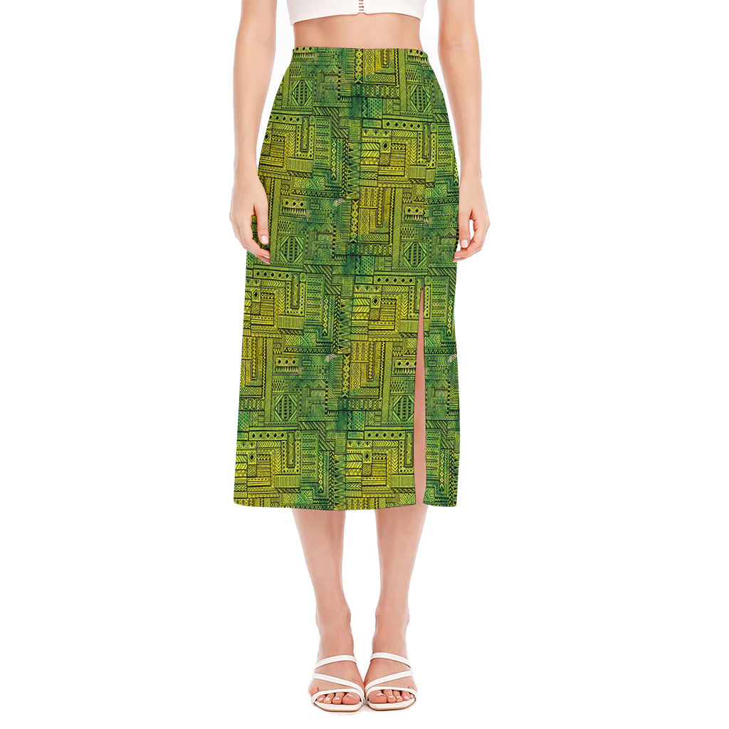 Green And Black African Ethnic Print Side Slit Midi Skirt