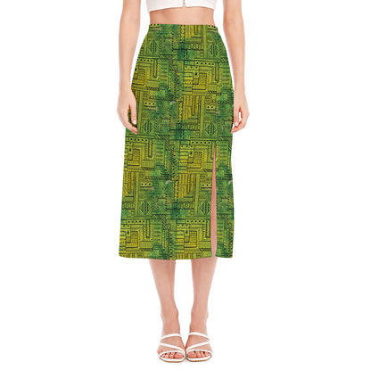 Green And Black African Ethnic Print Side Slit Midi Skirt