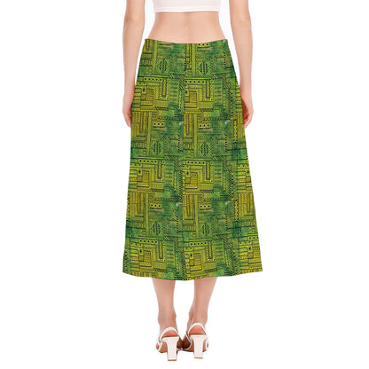 Green And Black African Ethnic Print Side Slit Midi Skirt