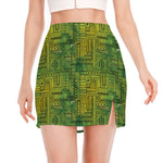 Green And Black African Ethnic Print Side Slit Mini Skirt