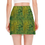 Green And Black African Ethnic Print Side Slit Mini Skirt