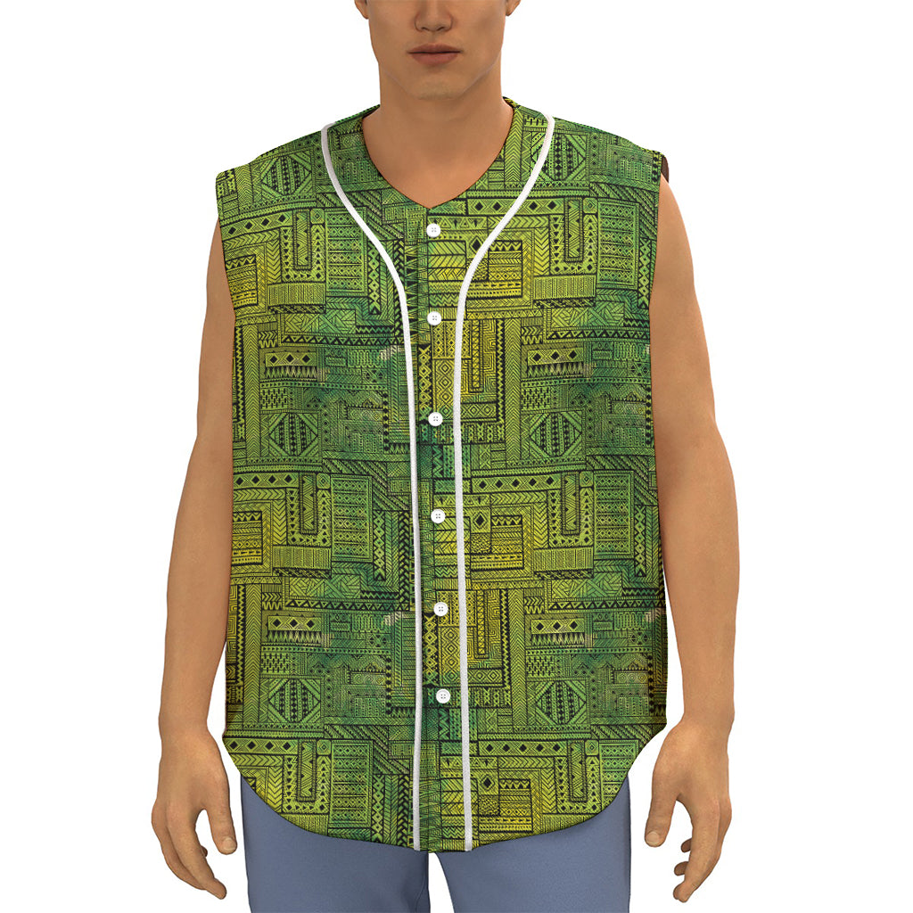Green And Black African Ethnic Print Sleeveless Baseball Jersey