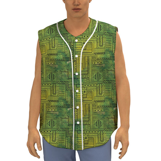 Green And Black African Ethnic Print Sleeveless Baseball Jersey