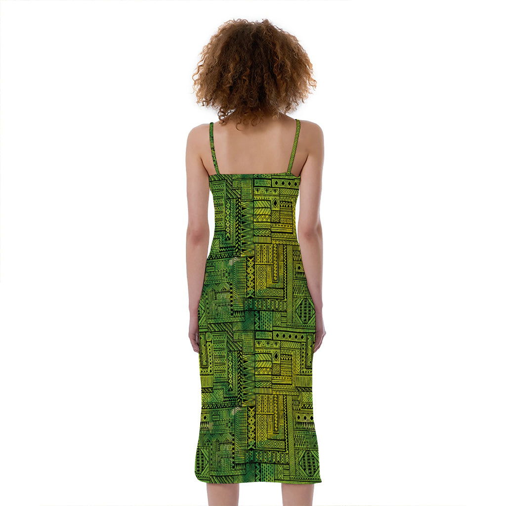 Green And Black African Ethnic Print Slim Fit Midi Cami Dress