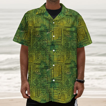 Green And Black African Ethnic Print Textured Short Sleeve Shirt
