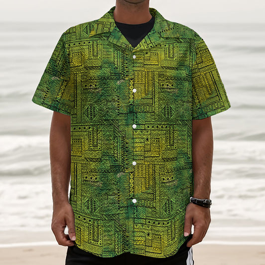 Green And Black African Ethnic Print Textured Short Sleeve Shirt