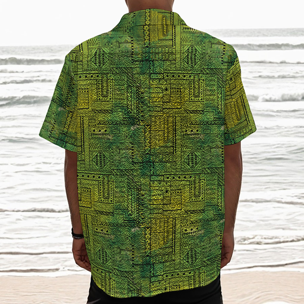 Green And Black African Ethnic Print Textured Short Sleeve Shirt