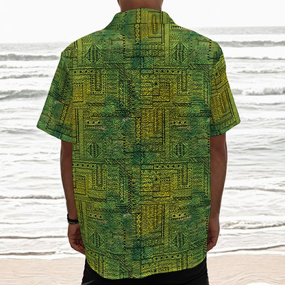 Green And Black African Ethnic Print Textured Short Sleeve Shirt