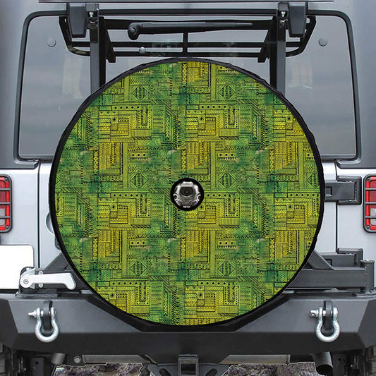 Green And Black African Ethnic Print Tire Cover With Camera Hole