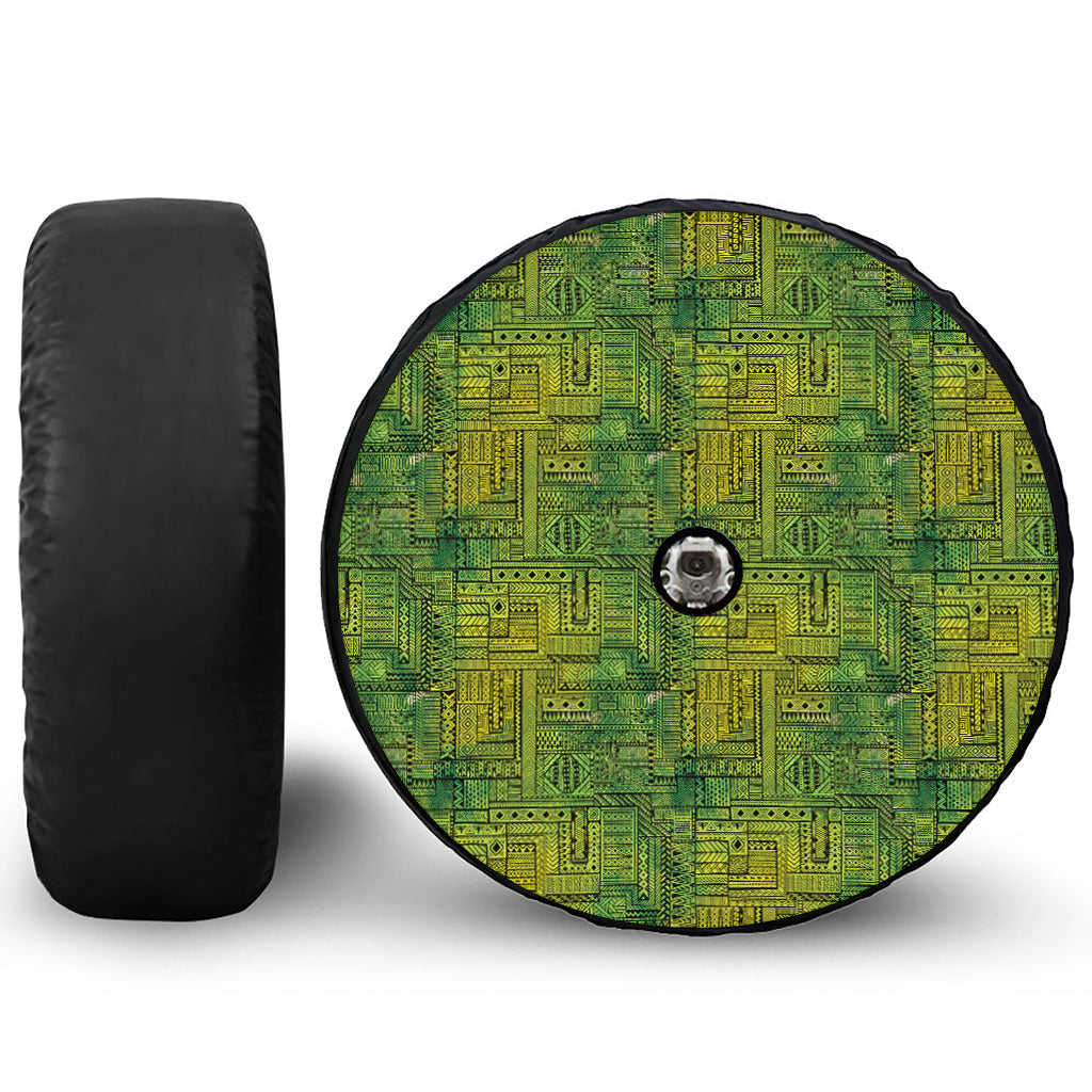 Green And Black African Ethnic Print Tire Cover With Camera Hole