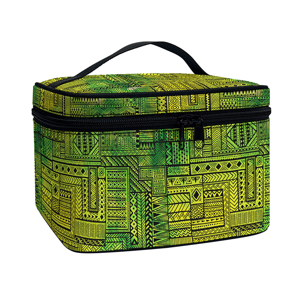 Green And Black African Ethnic Print Travel Makeup Bag