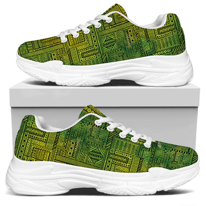 Green And Black African Ethnic Print White Chunky Shoes