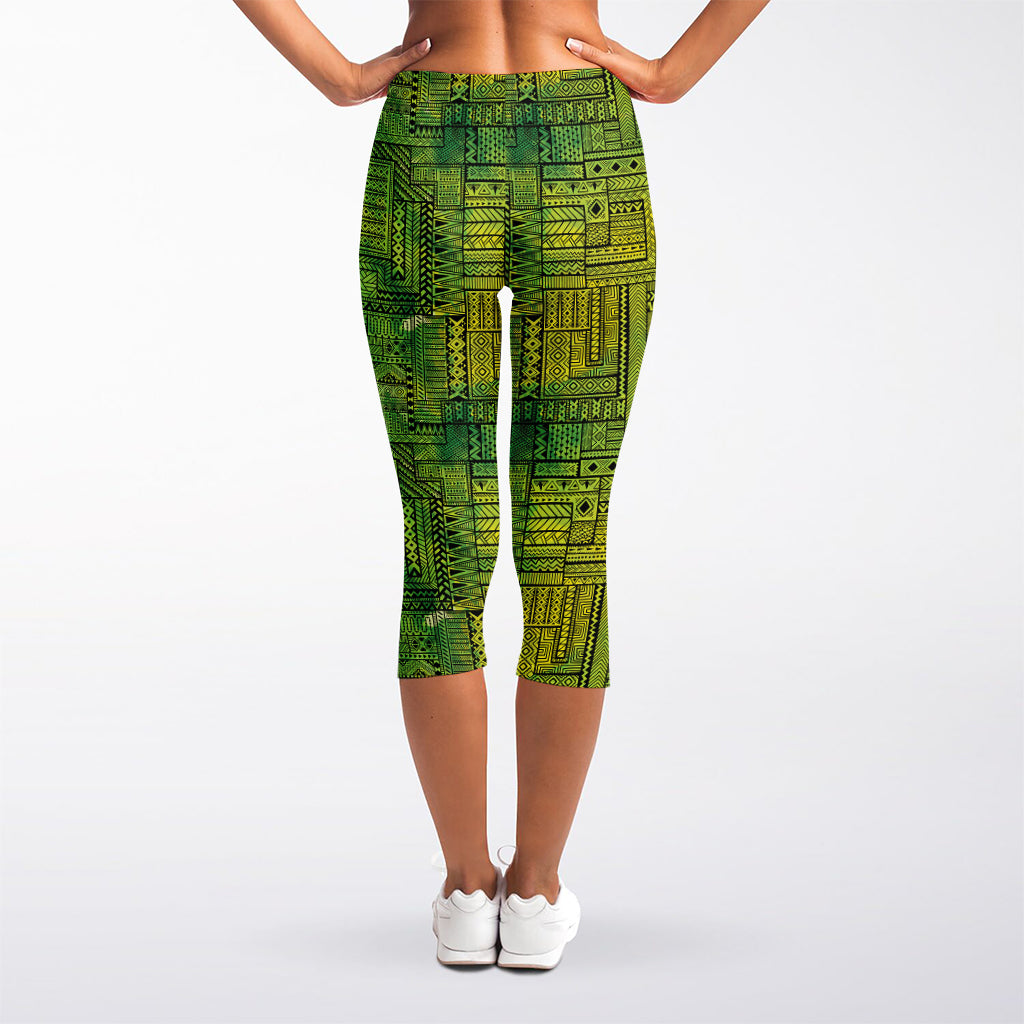 Green And Black African Ethnic Print Women's Capri Leggings