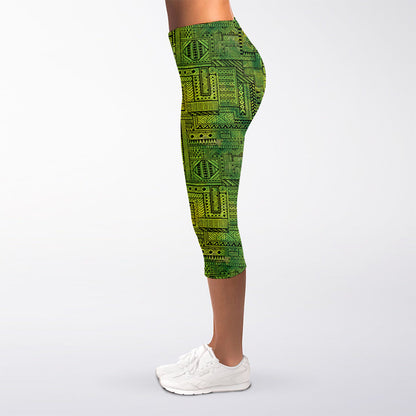 Green And Black African Ethnic Print Women's Capri Leggings