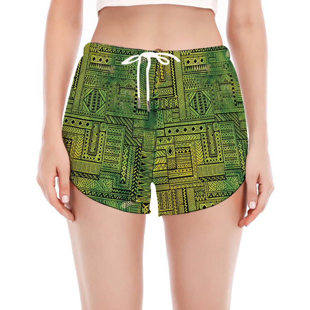 Green And Black African Ethnic Print Women's Split Running Shorts