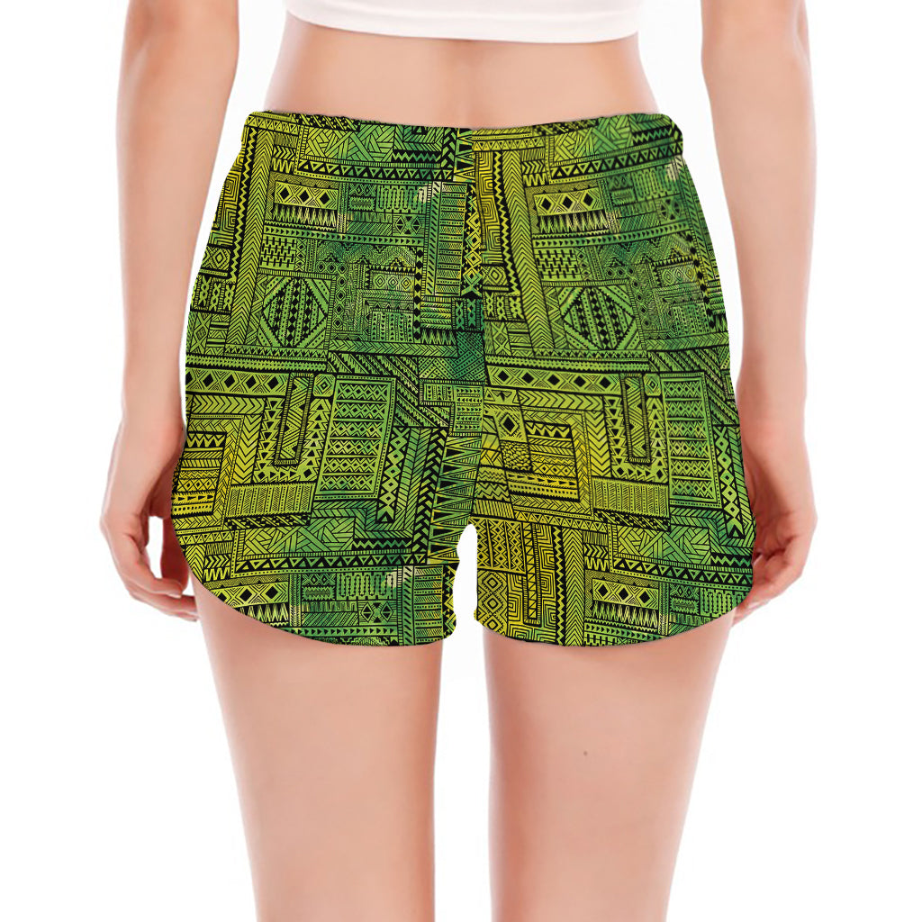 Green And Black African Ethnic Print Women's Split Running Shorts