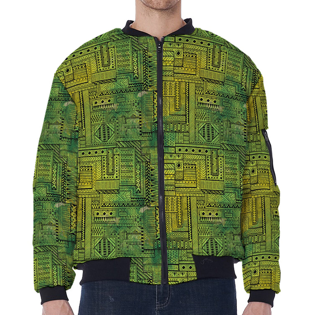 Green And Black African Ethnic Print Zip Sleeve Bomber Jacket