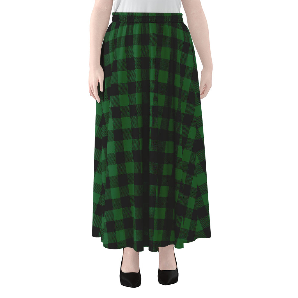 Green And Black Buffalo Check Print Chiffon Maxi Skirt