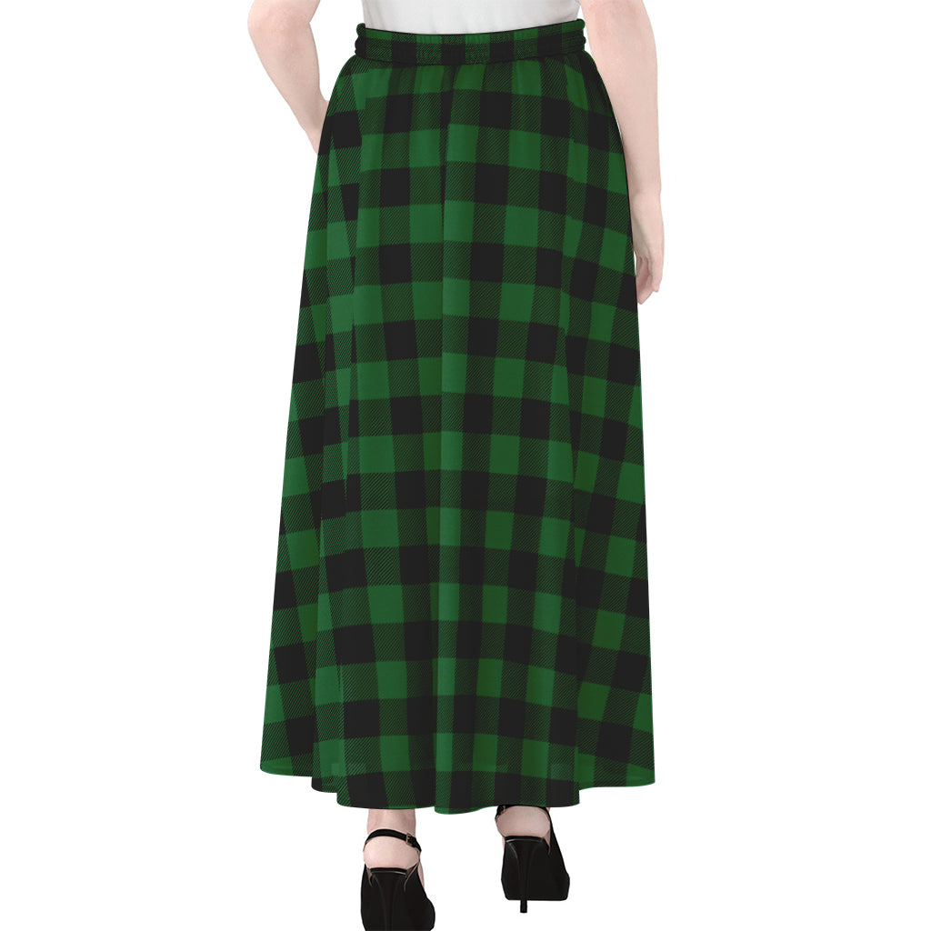Green And Black Buffalo Check Print Chiffon Maxi Skirt