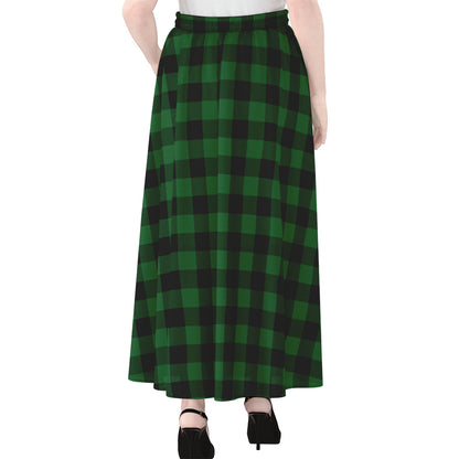 Green And Black Buffalo Check Print Chiffon Maxi Skirt