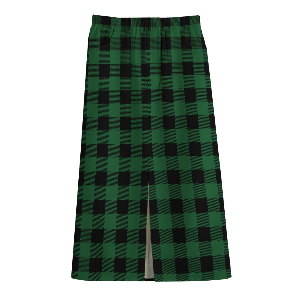 Green And Black Buffalo Check Print Cotton Front Slit Maxi Skirt