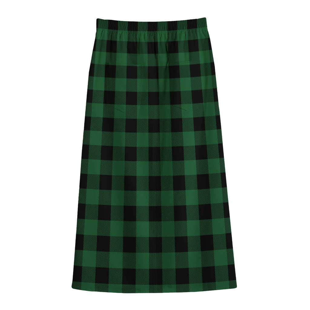 Green And Black Buffalo Check Print Cotton Front Slit Maxi Skirt
