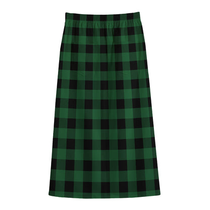 Green And Black Buffalo Check Print Cotton Front Slit Maxi Skirt