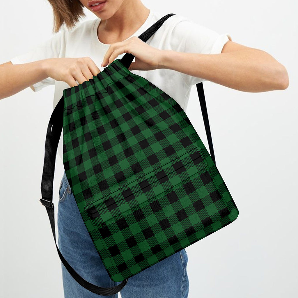 Green And Black Buffalo Check Print Drawstring Backpack