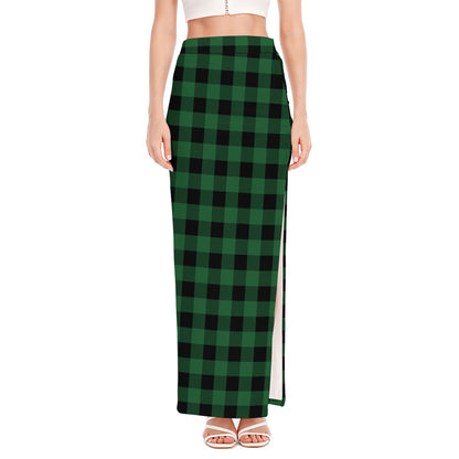 Green And Black Buffalo Check Print High Slit Maxi Skirt